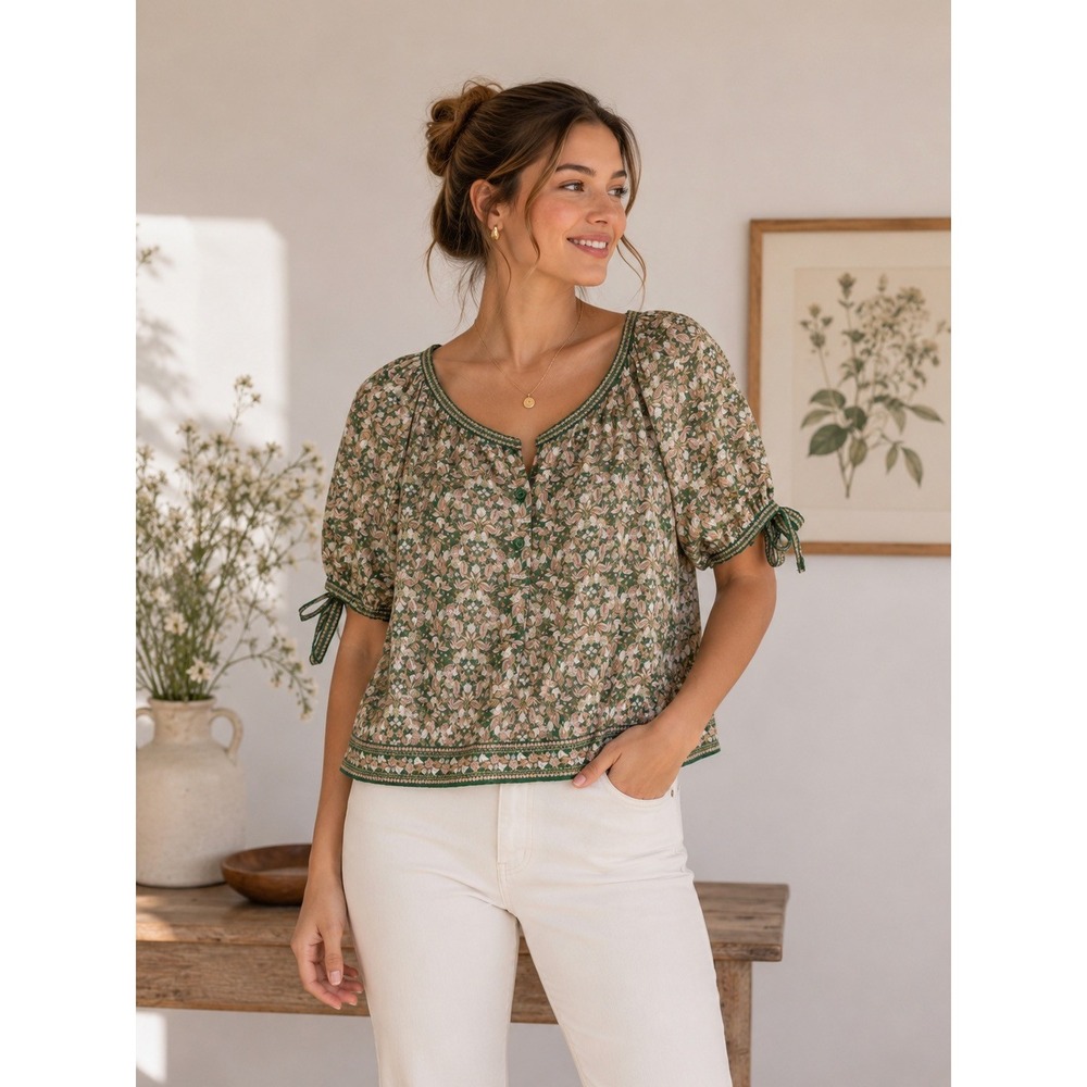 Max Studio Floral Peasant Blouse Small Green Cottagecore Boho Cotton Rayon Top